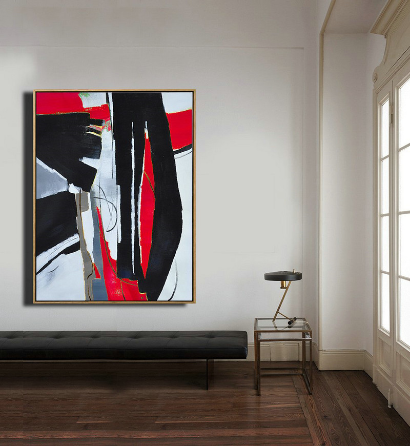Hand Painted Large Vertical Red Contemporary Painting On Canvas,Original Abstract Painting Canvas Art,Black,White,Red,Grey,Pale Blue